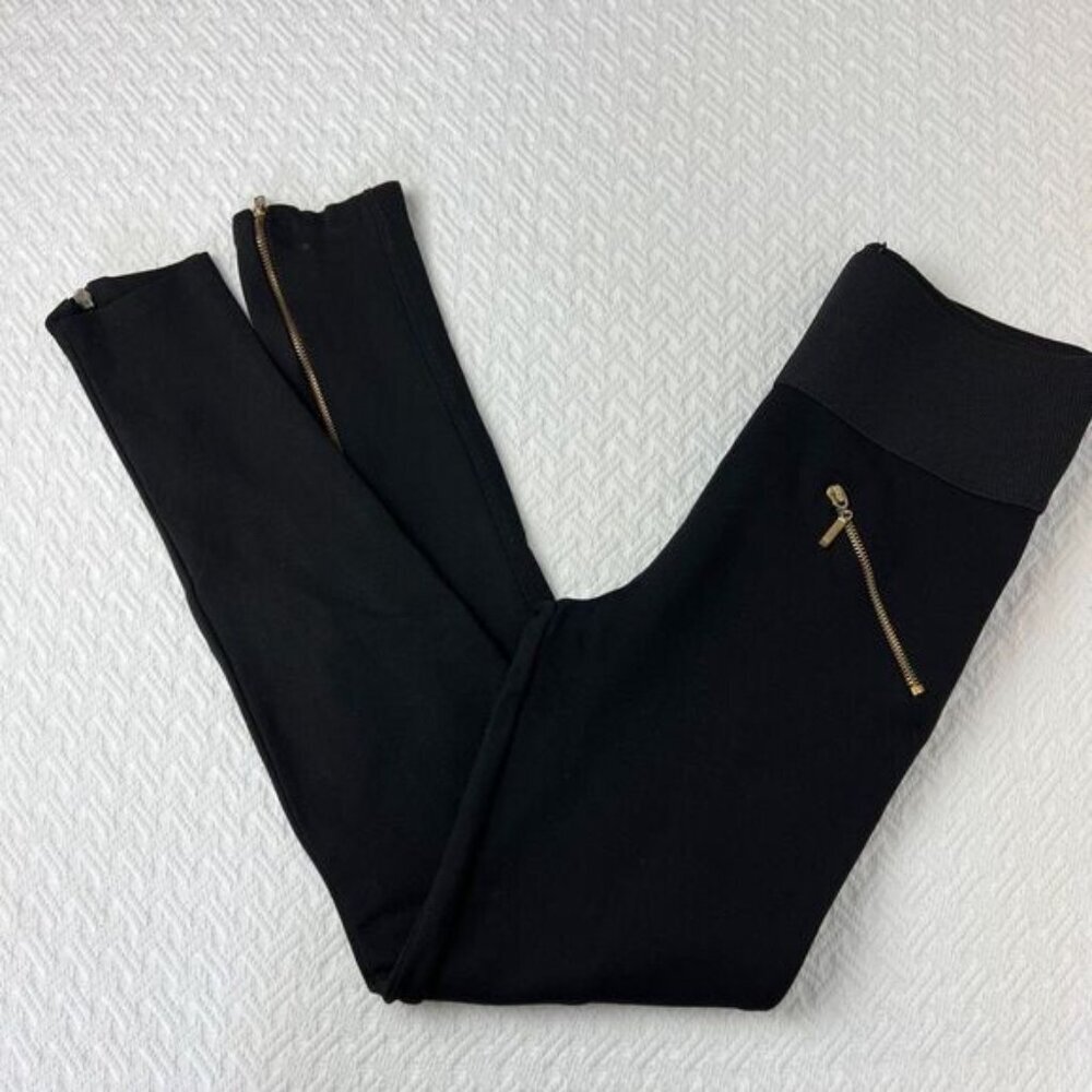 Zara Basic Women's XS Black Gold Zippers Pull On High Waist Leggings Y2K Skinny